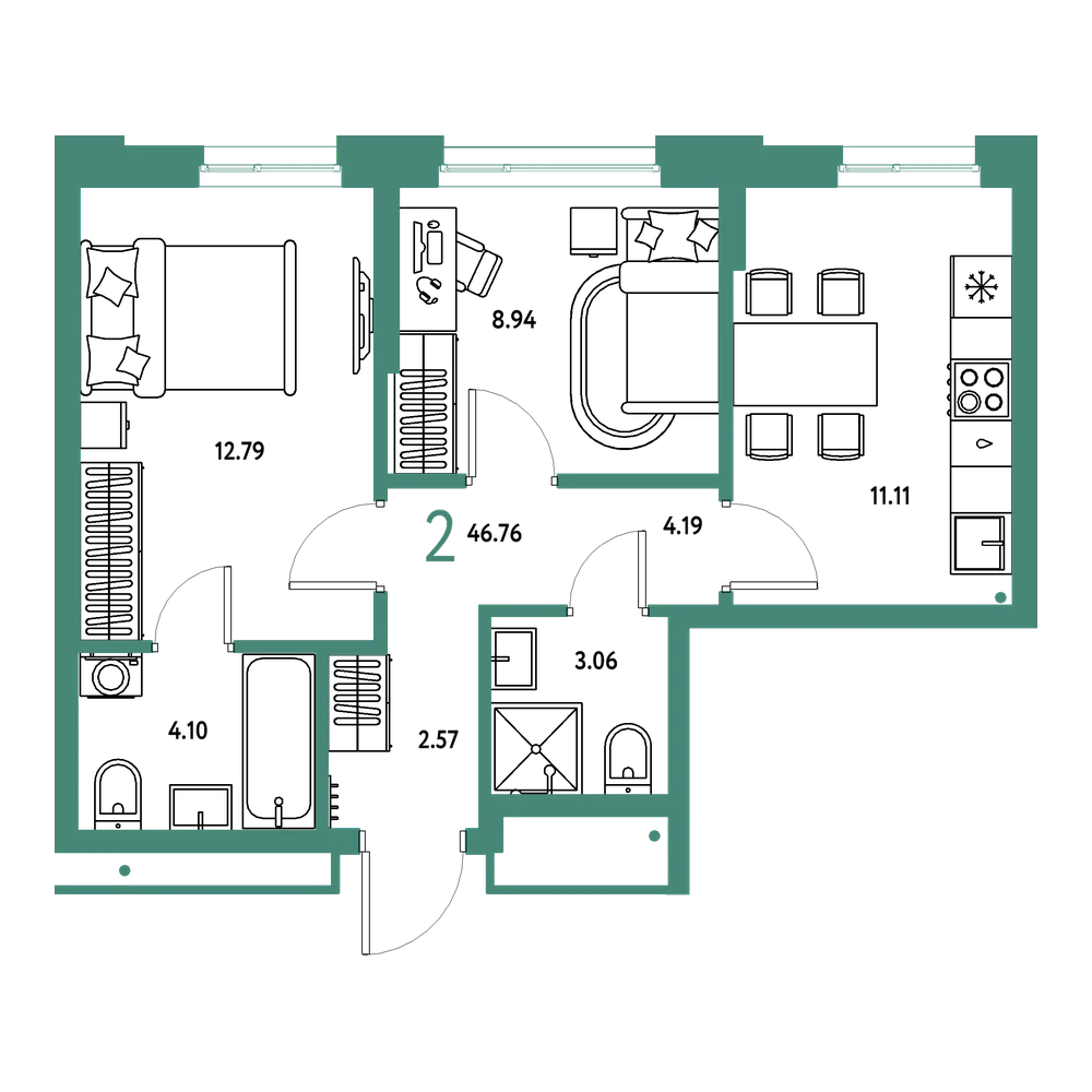 Планировка: 2-комнатная 46,76 м²