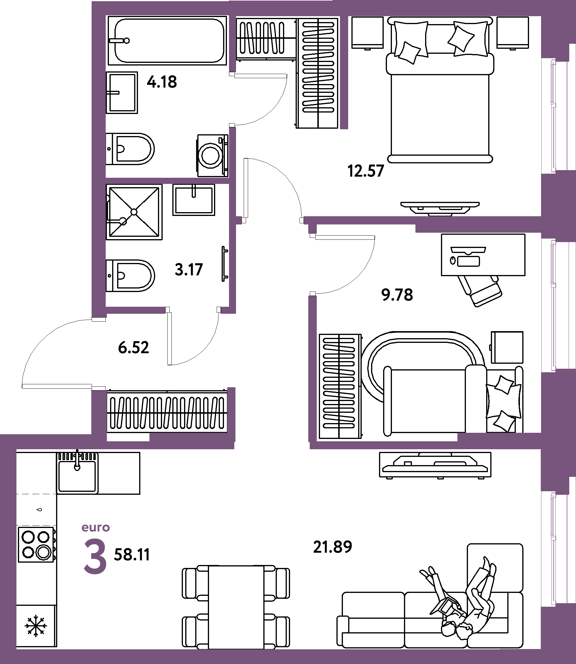 Планировка: Евротрёшка 58,11 м² в ЖК «Европейский берег 2.0»