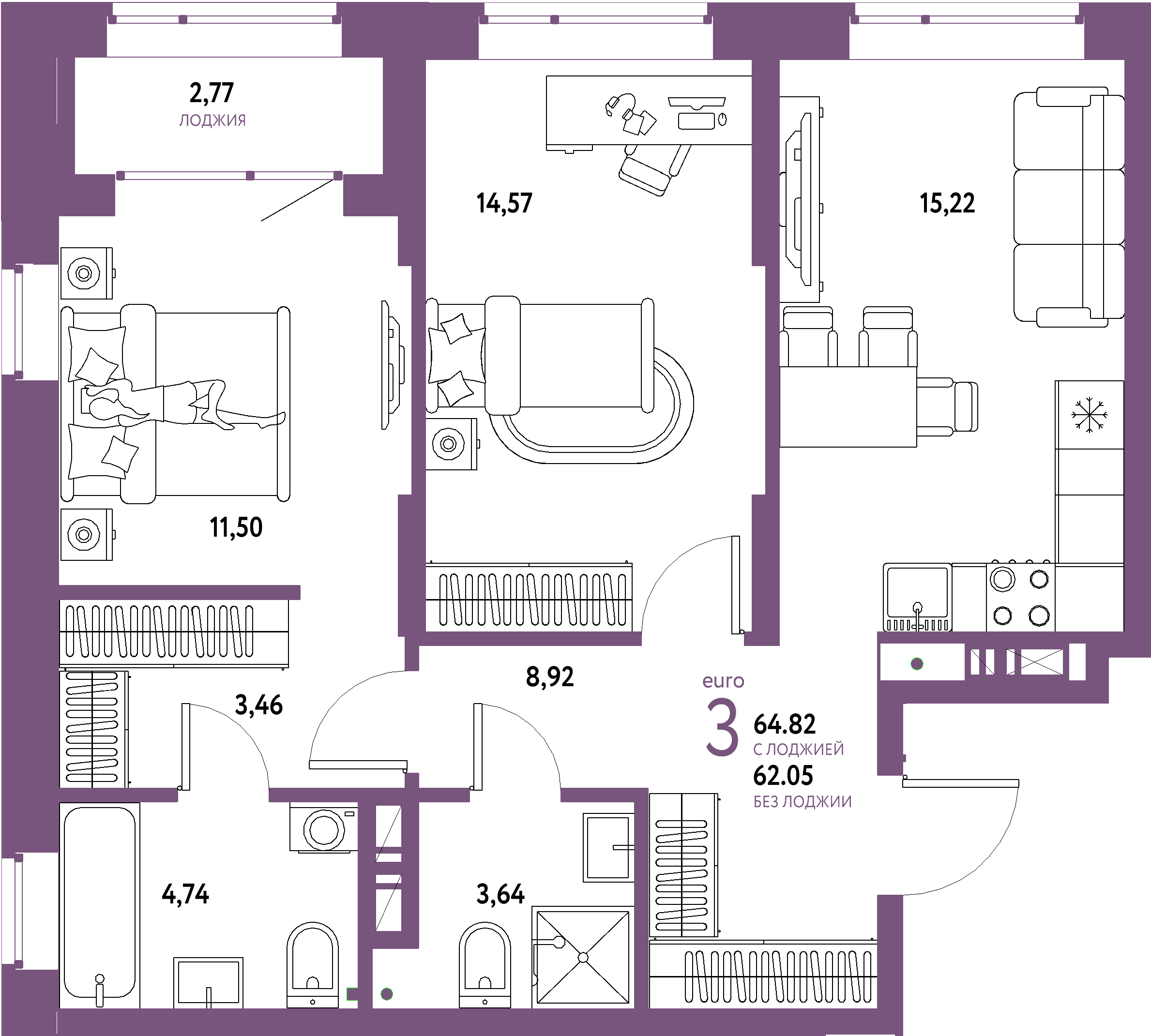 Планировка: Евротрёшка 64,82 м² в ЖК «Авторский»