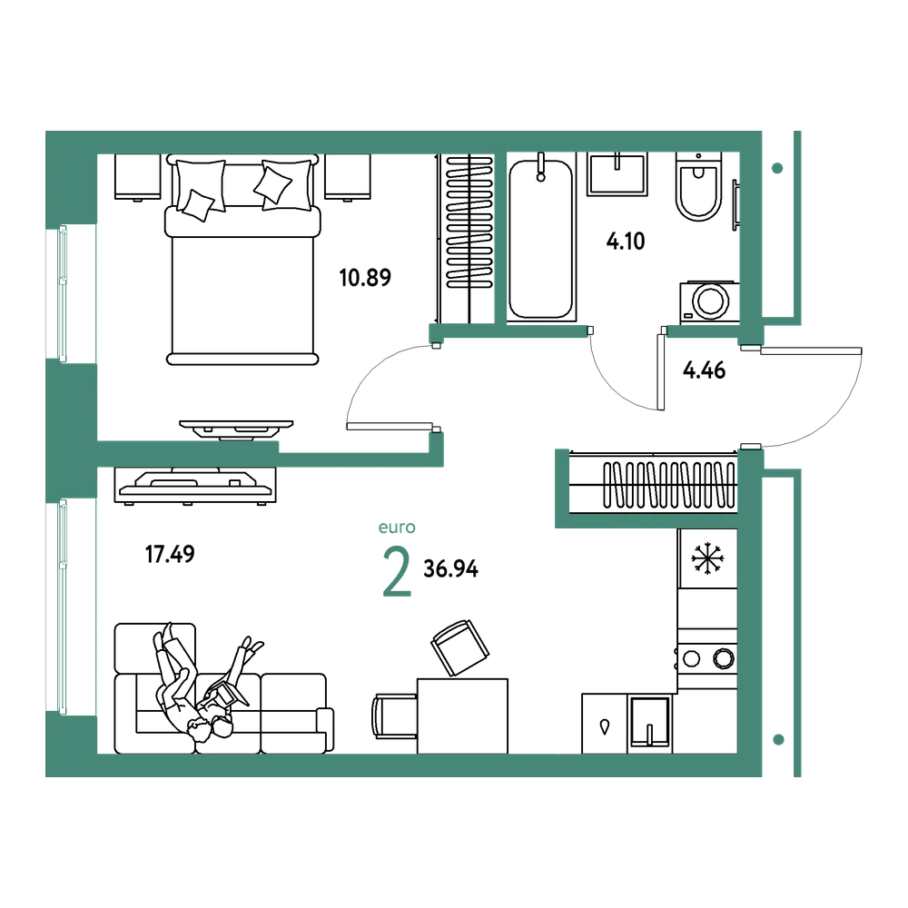 Планировка: Евродвушка 36,94 м²
