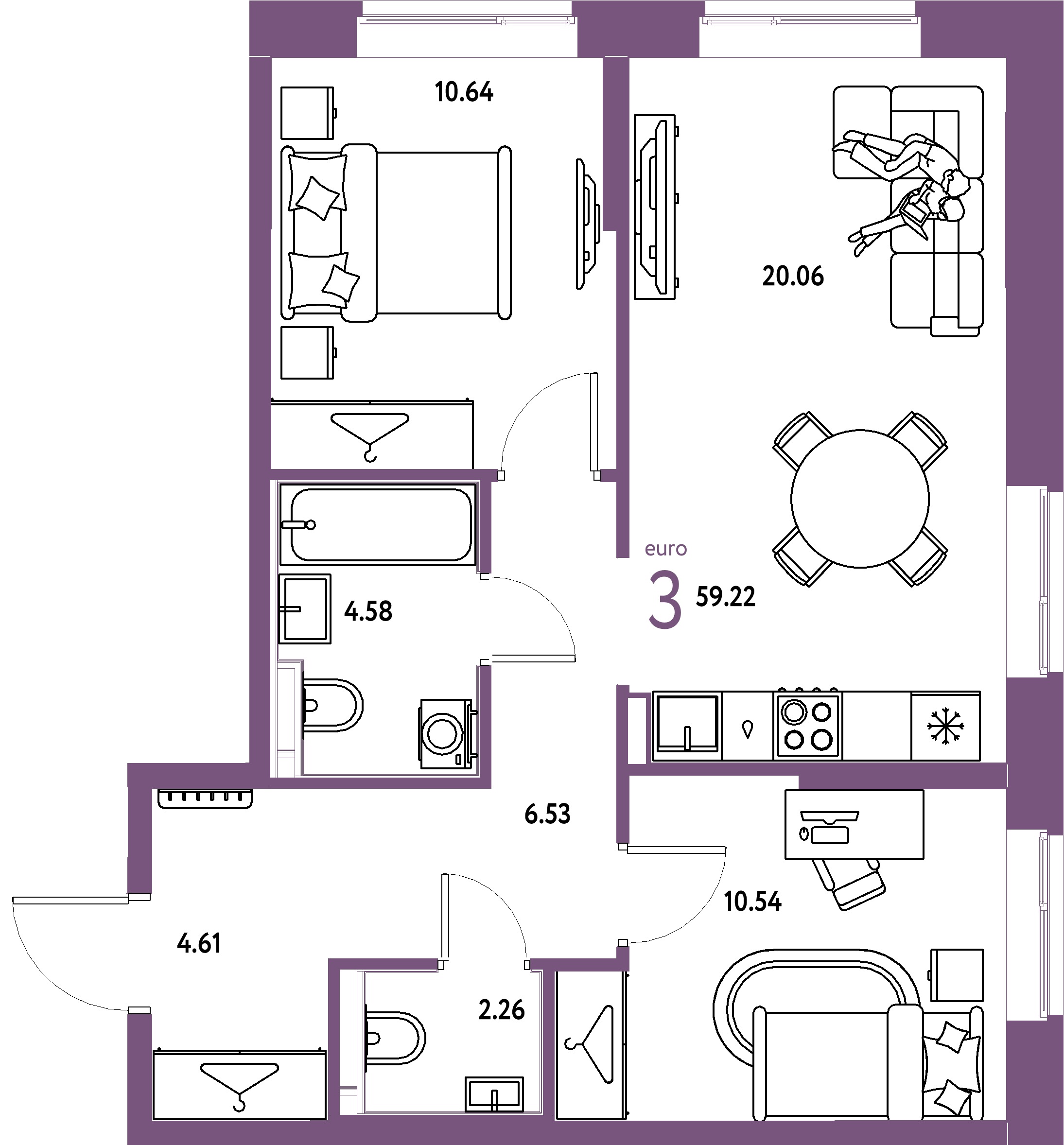 Планировка: Евротрёшка 59,22 м² в ЖК «Европейский берег 2.0»
