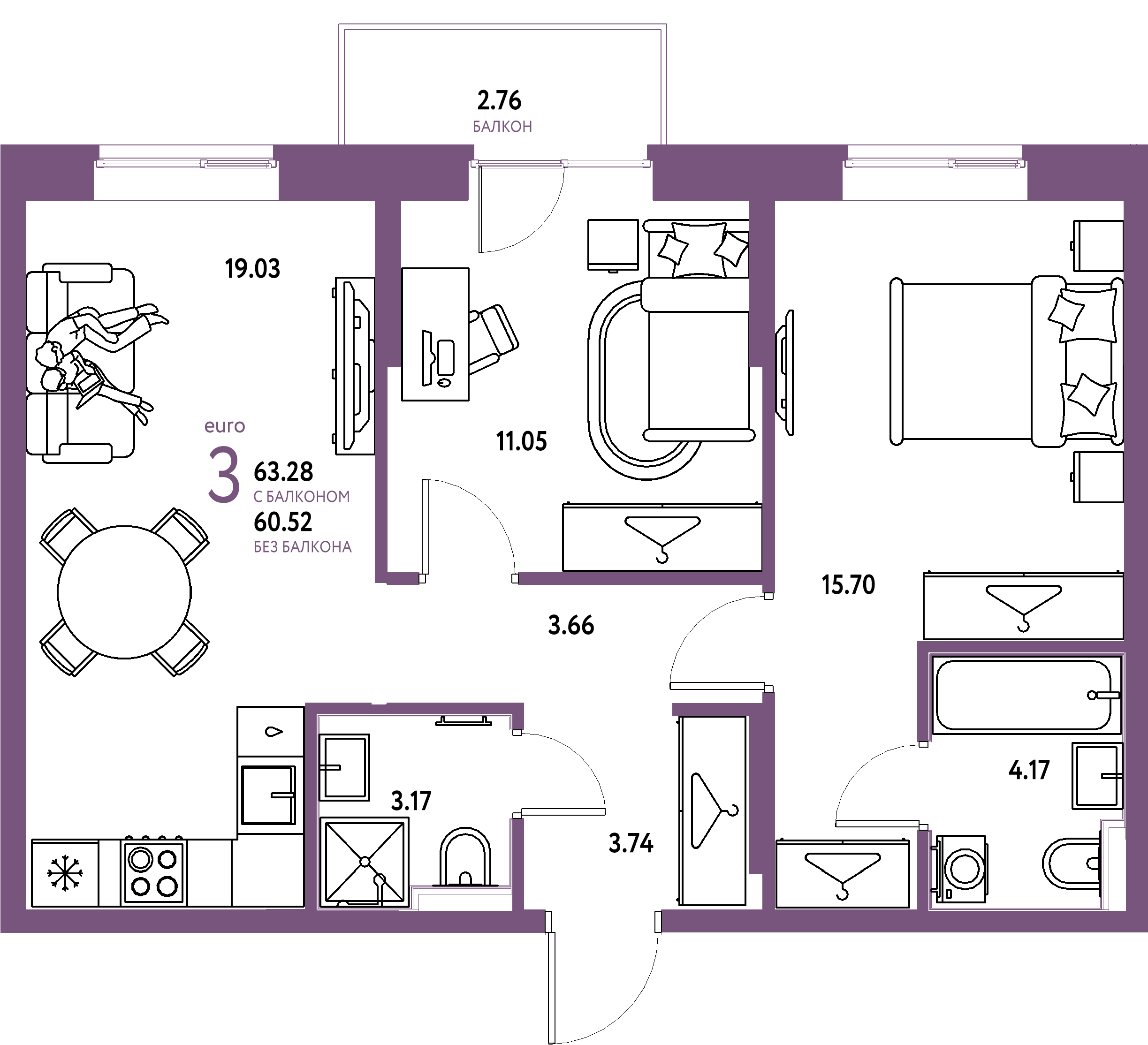 Планировка: Евротрёшка 63,28 м² в ЖК «Европейский берег 2.0»