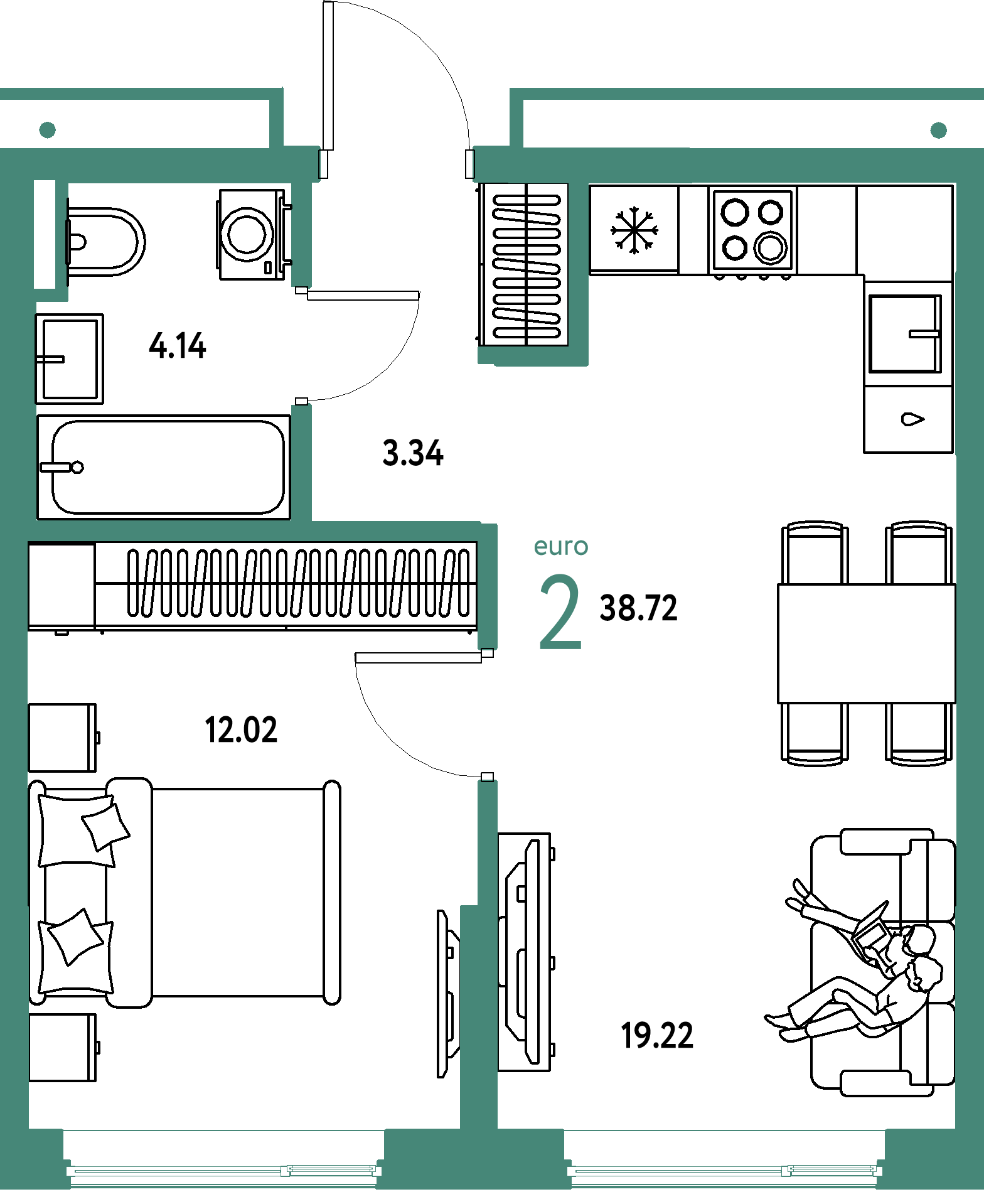 Планировка: Евродвушка 38,72 м² в ЖК «Страна.Прибрежная»