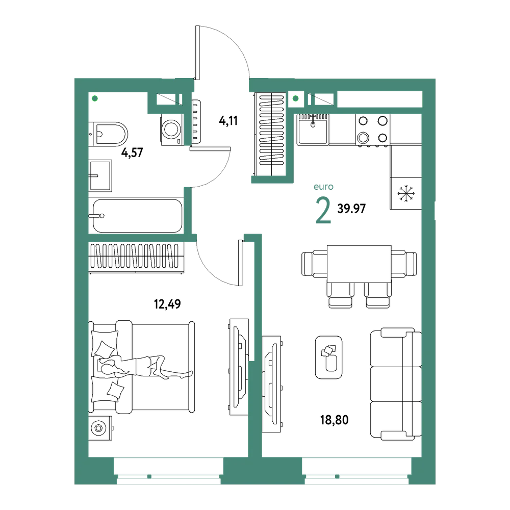 Планировка: Евродвушка 39,97 м²