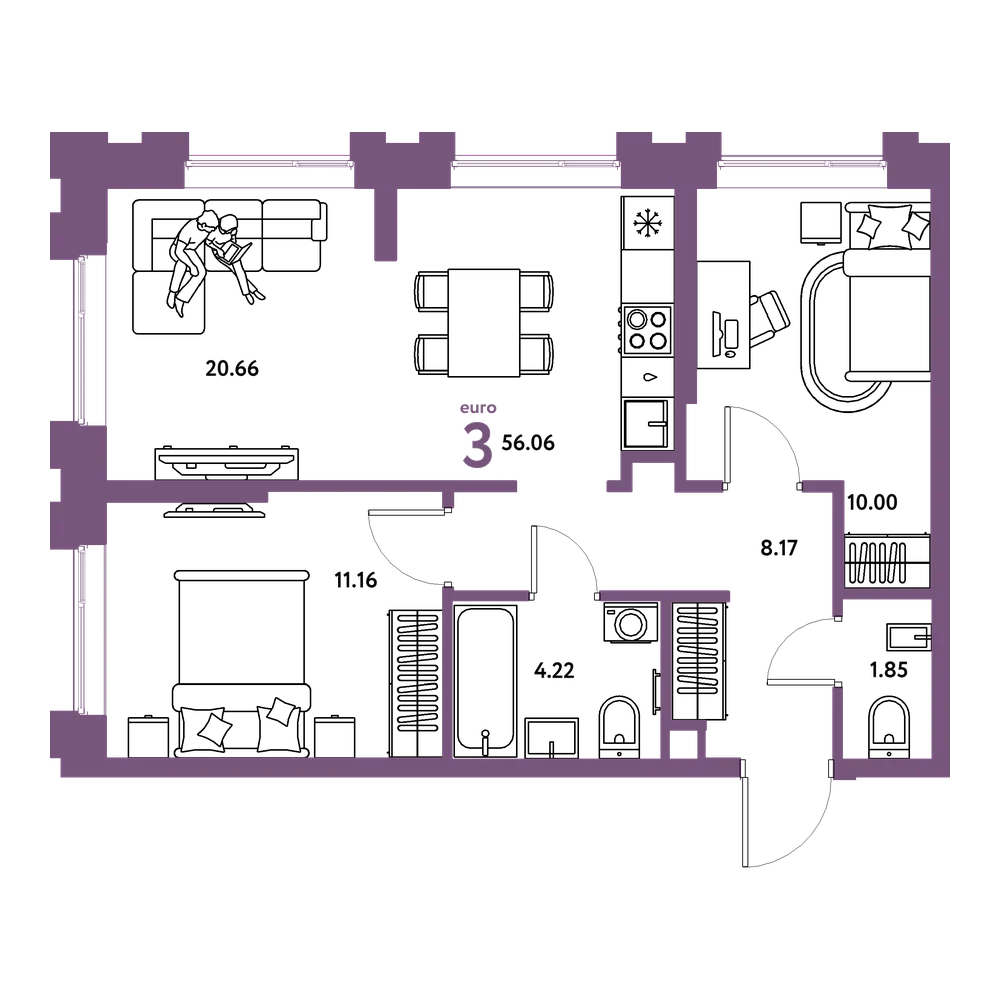 Планировка: Евротрёшка 56,06 м²