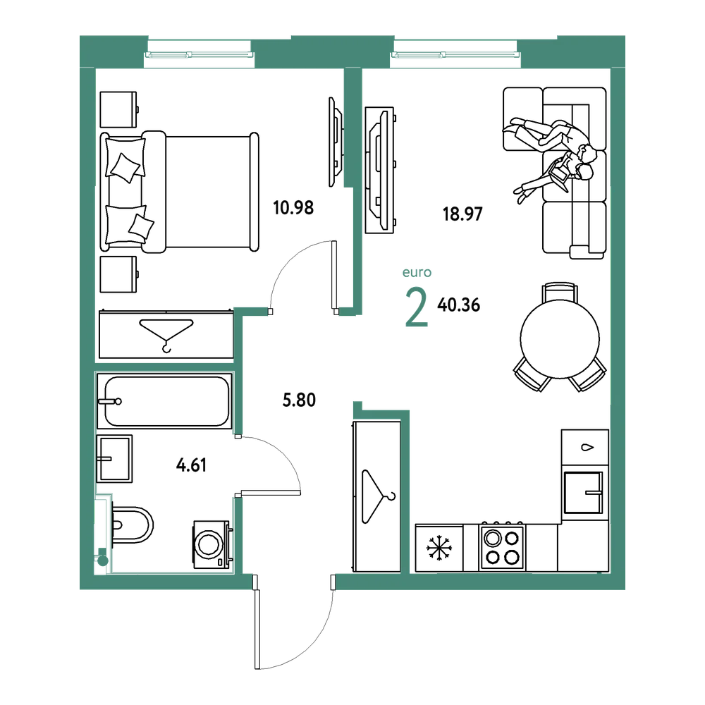 Планировка: Евродвушка 40,36 м²