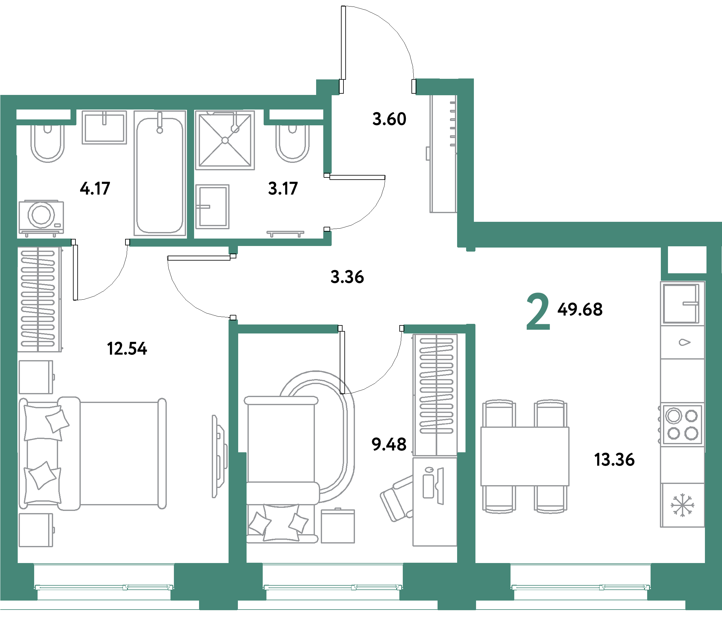 Планировка: 2-комнатная 49,68 м² в ЖК «Остров-сад»