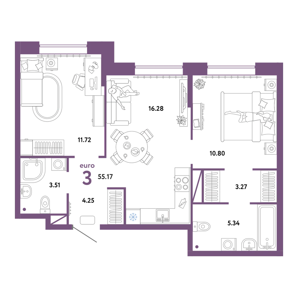 Планировка: Евротрёшка 55,17 м²
