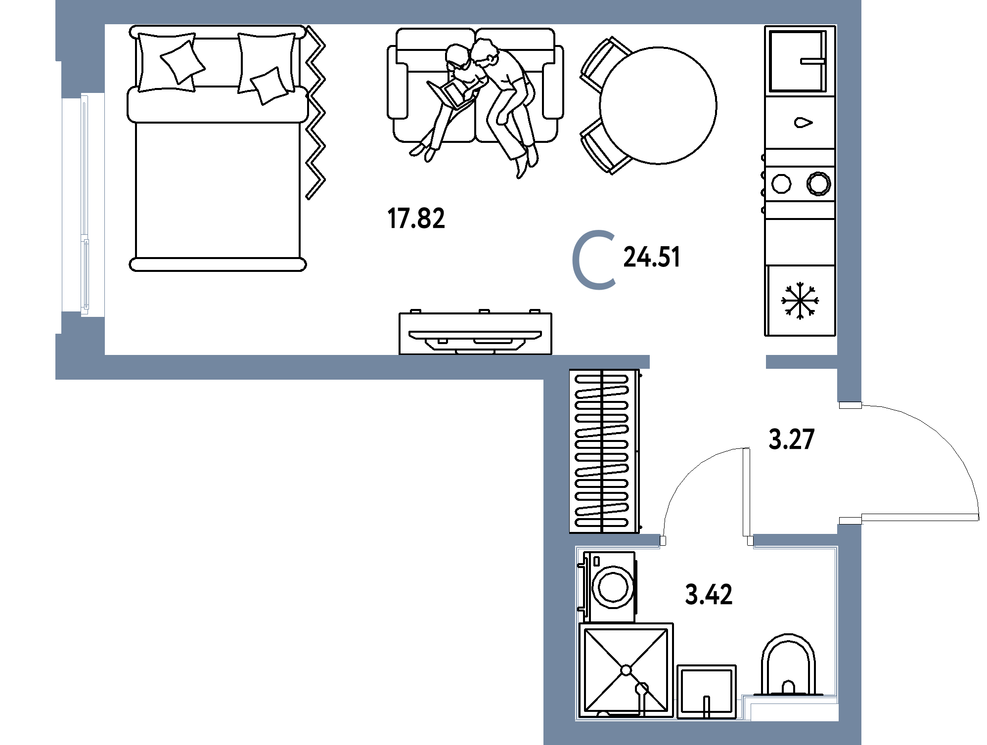 Планировка: Студия 24,51 м² в ЖК «Сердце Сибири»
