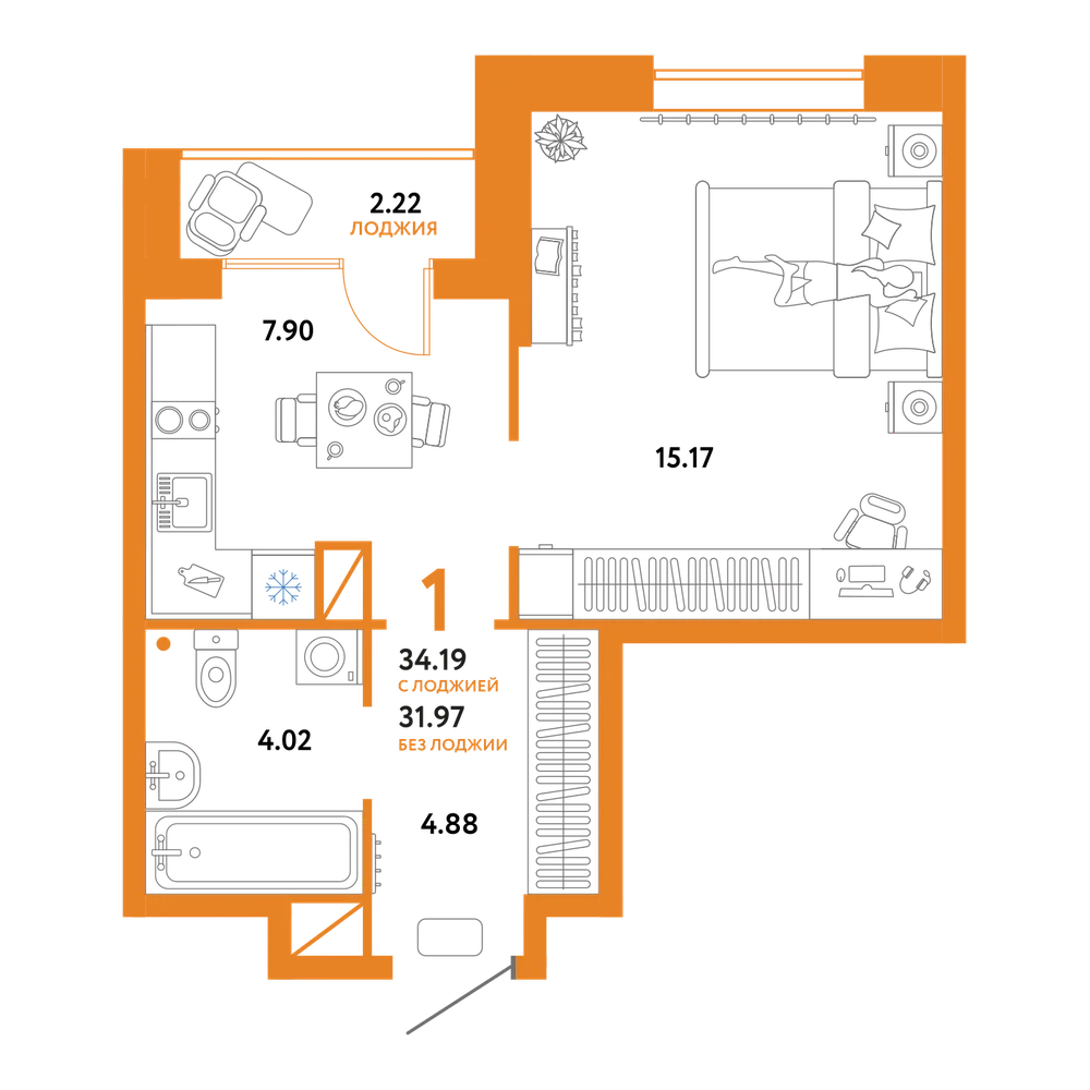 Планировка: 1-комнатная 34,19 м²