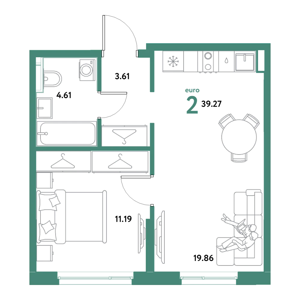 Планировка: Евродвушка 39,27 м²
