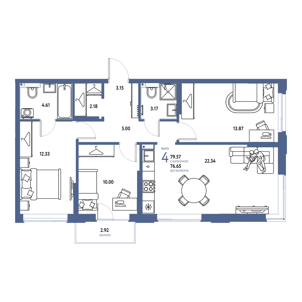 Планировка: Евро-4 79,57 м²