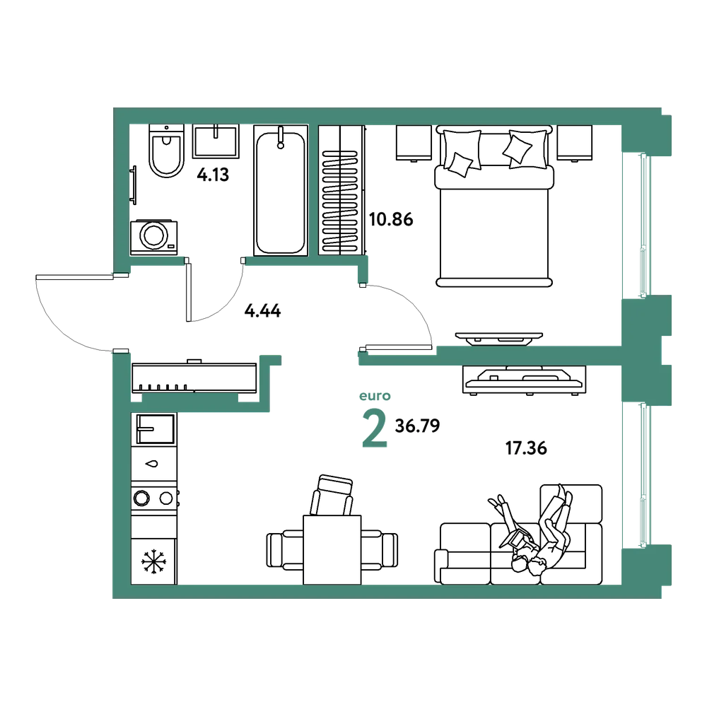 Планировка: Евродвушка 36,79 м²