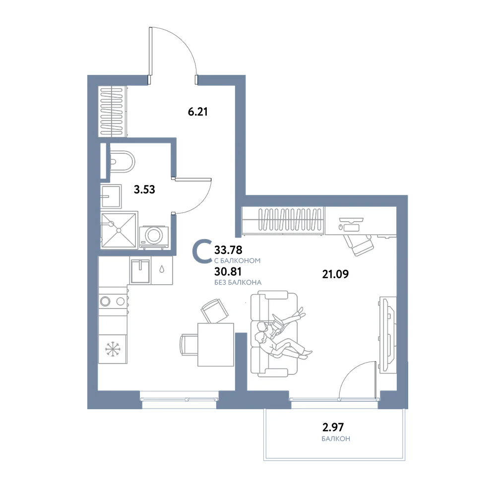 Планировка: Студия 33,78 м²