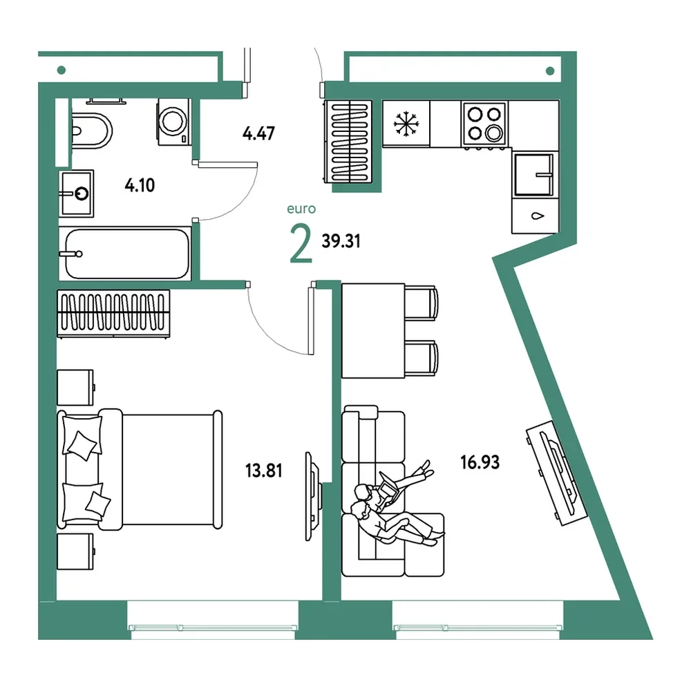 Планировка: Евродвушка 39,31 м²