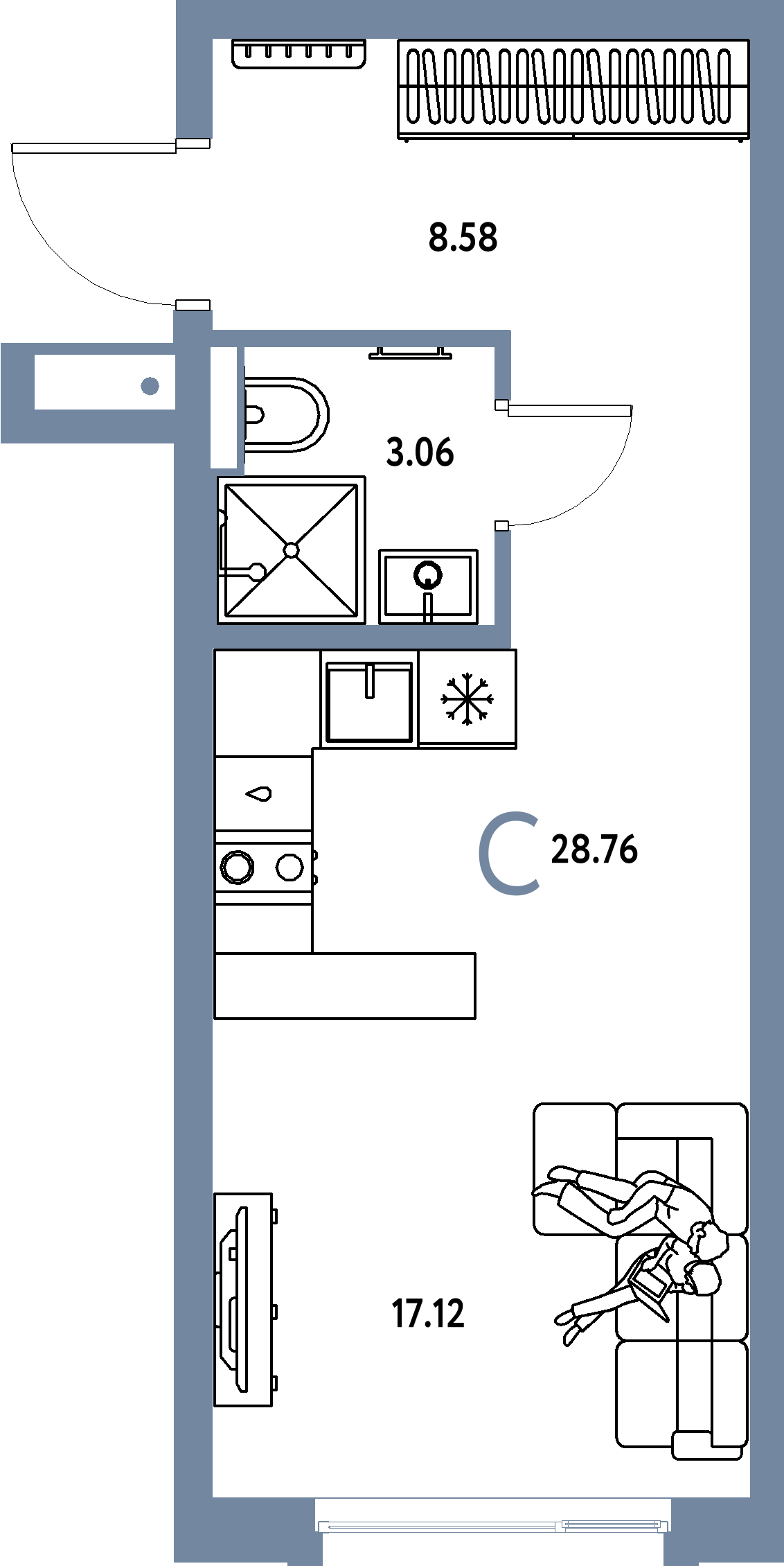 Планировка: Студия 28,76 м² в ЖК «Авторский»