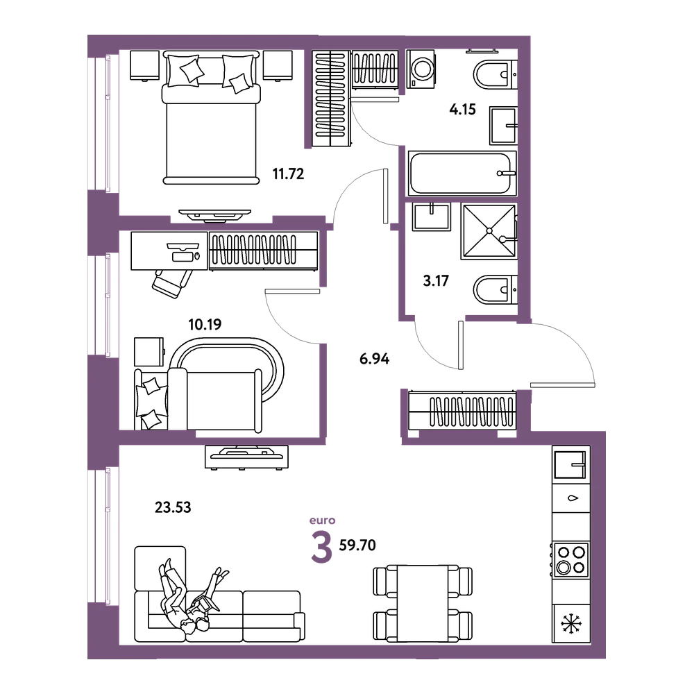 Планировка: Евротрёшка 59,7 м²