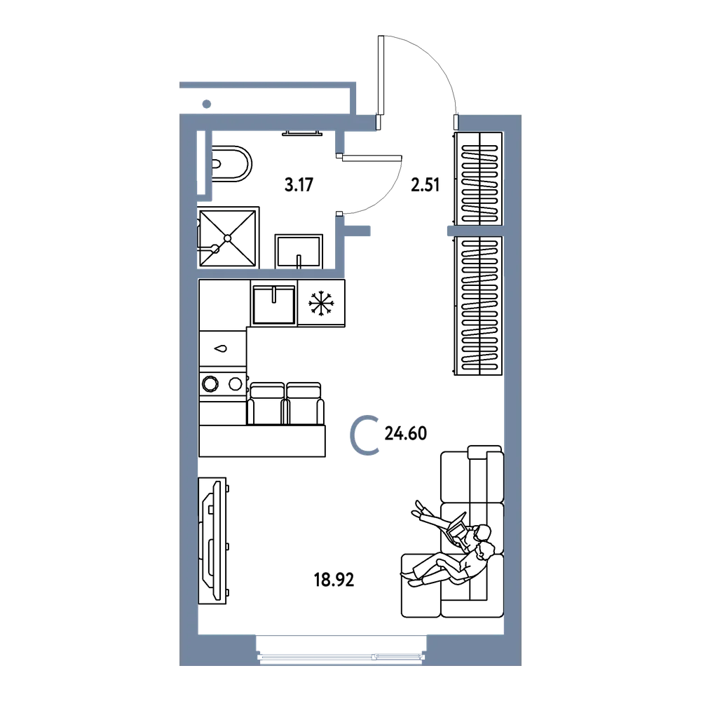 Планировка: Студия 24,6 м²
