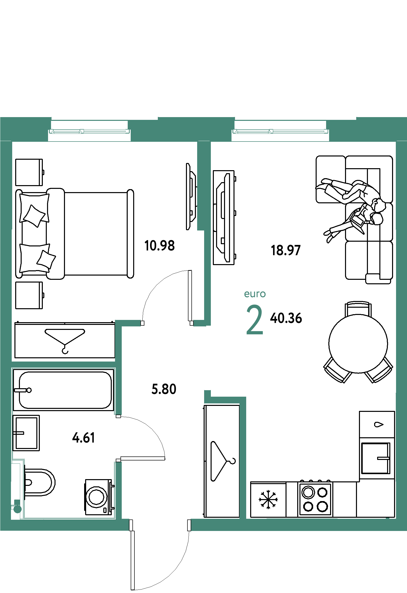 Планировка: Евродвушка 40,36 м² в ЖК «Европейский берег 2.0»