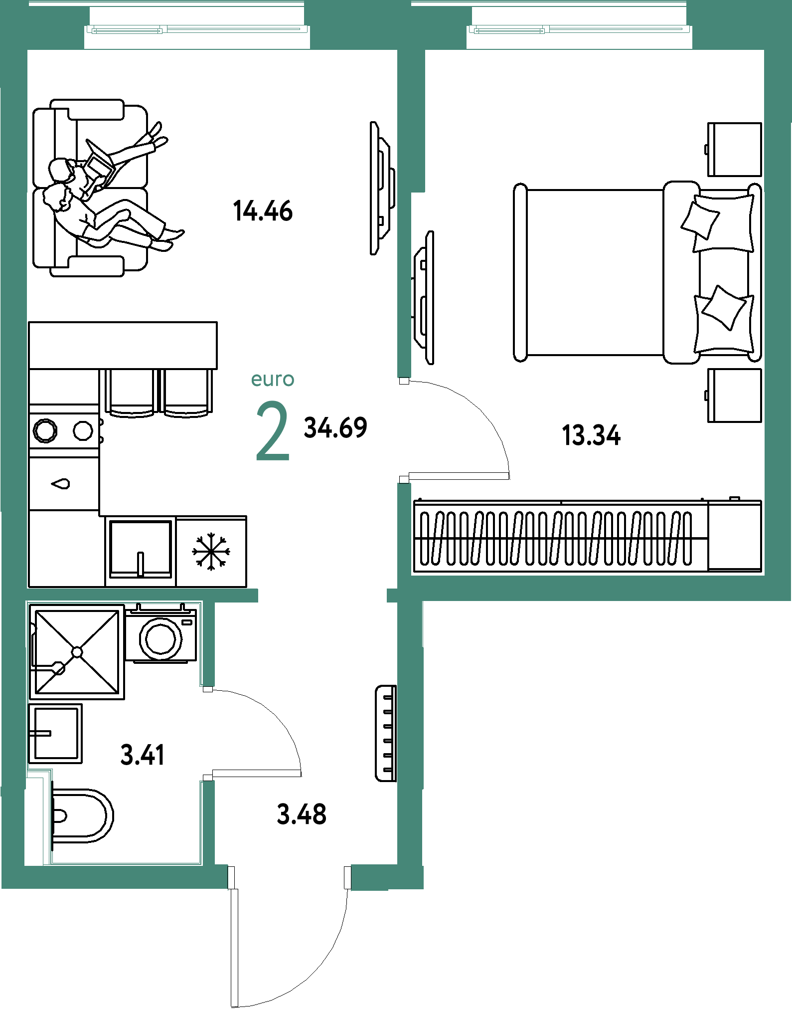 Планировка: Евродвушка 34,69 м² в ЖК «Домашний»