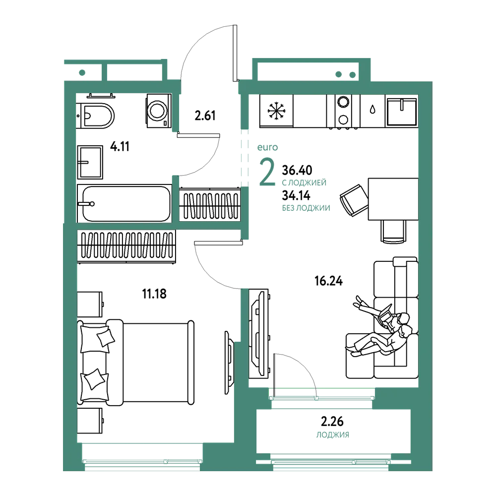 Планировка: Евродвушка 36,4 м²