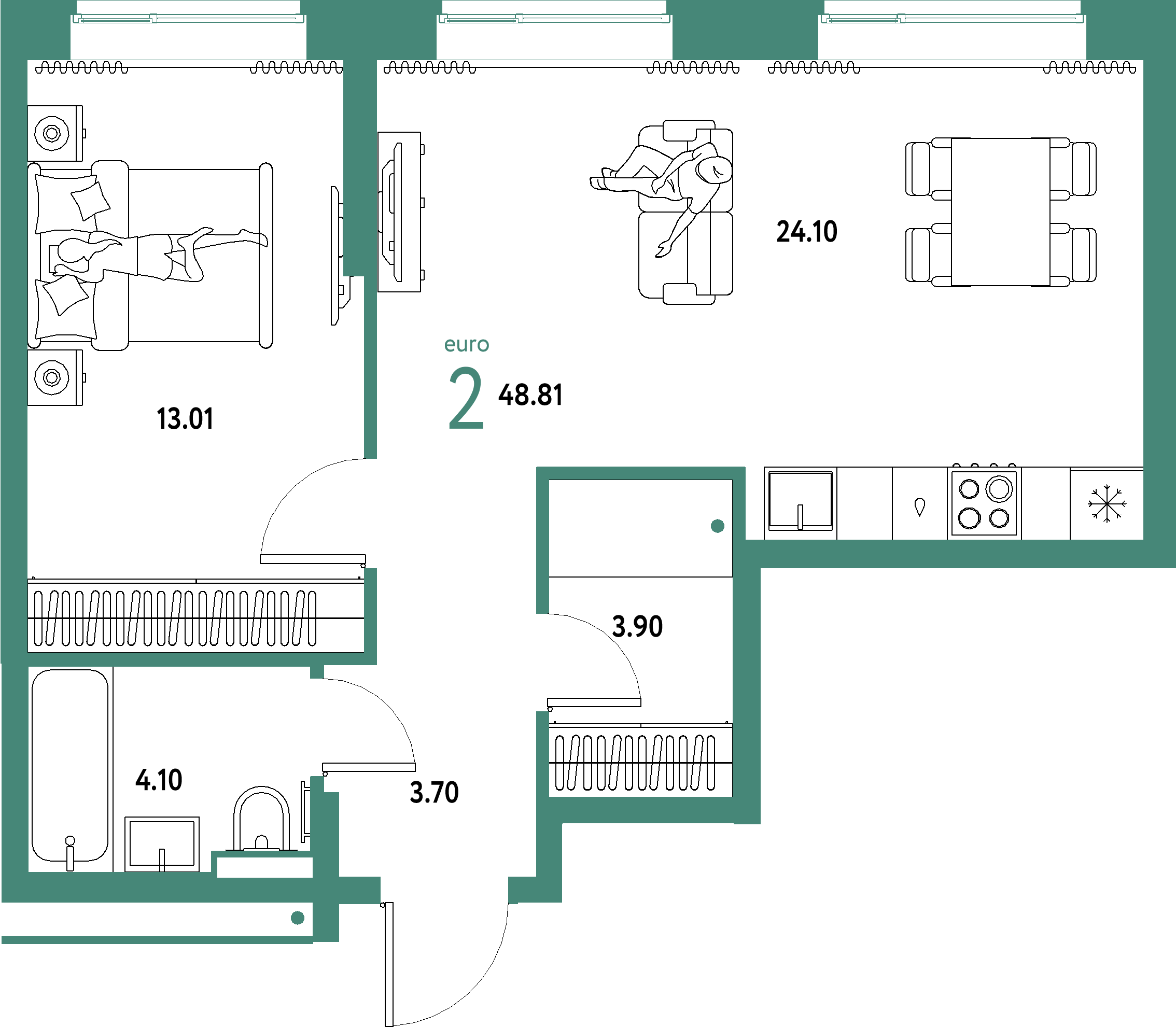 Планировка: Евродвушка 48,81 м² в ЖК «Домашний»