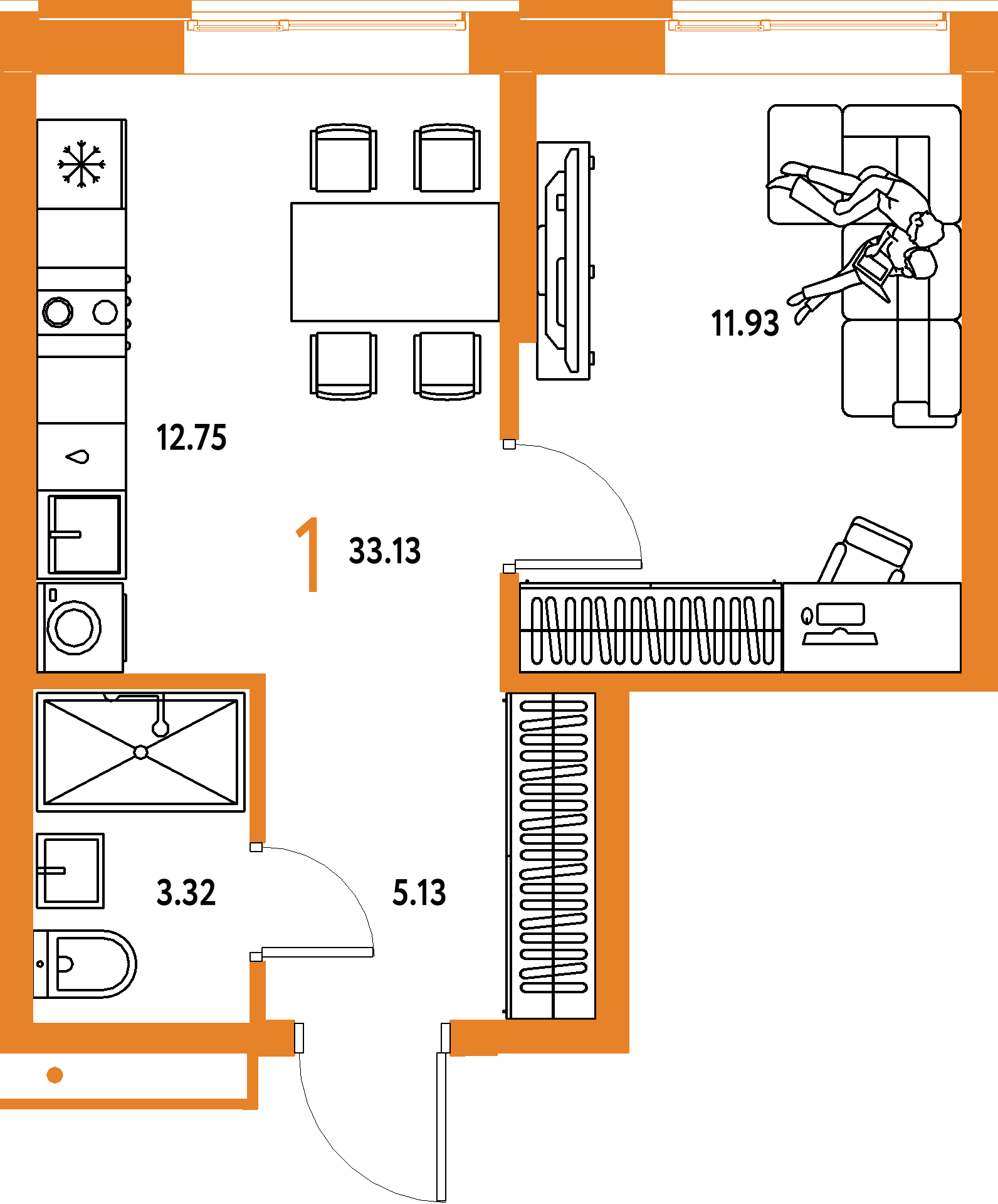Планировка: 1-комнатная 33,13 м² в ЖК «Домашний»