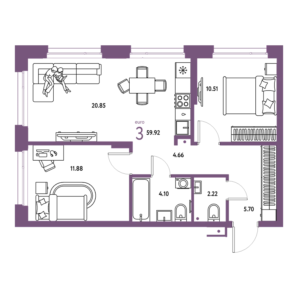 Планировка: Евротрёшка 59,92 м²