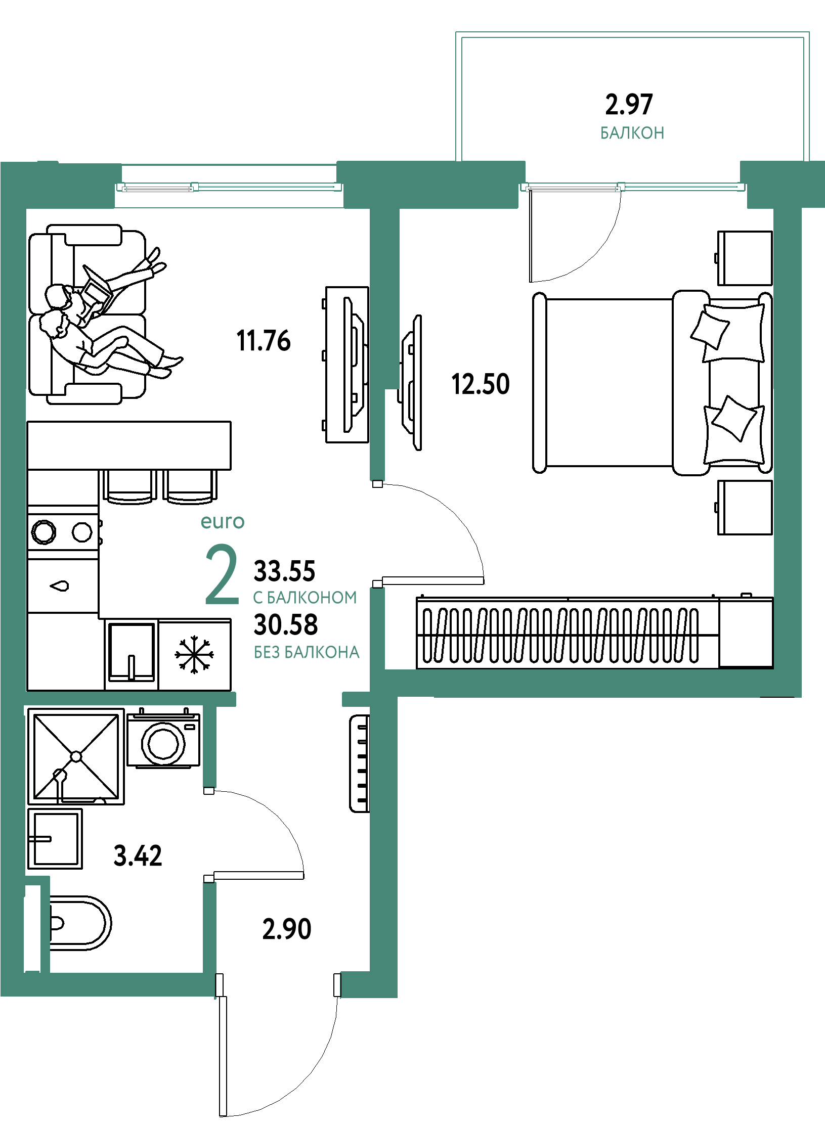 Планировка: Евродвушка 33,55 м² в ЖК «Остров-сад»