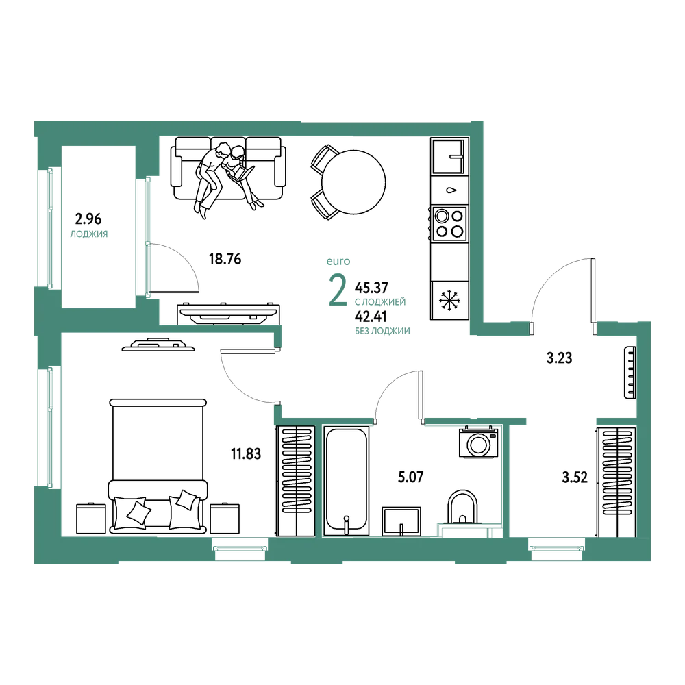 Планировка: Евродвушка 45,37 м²