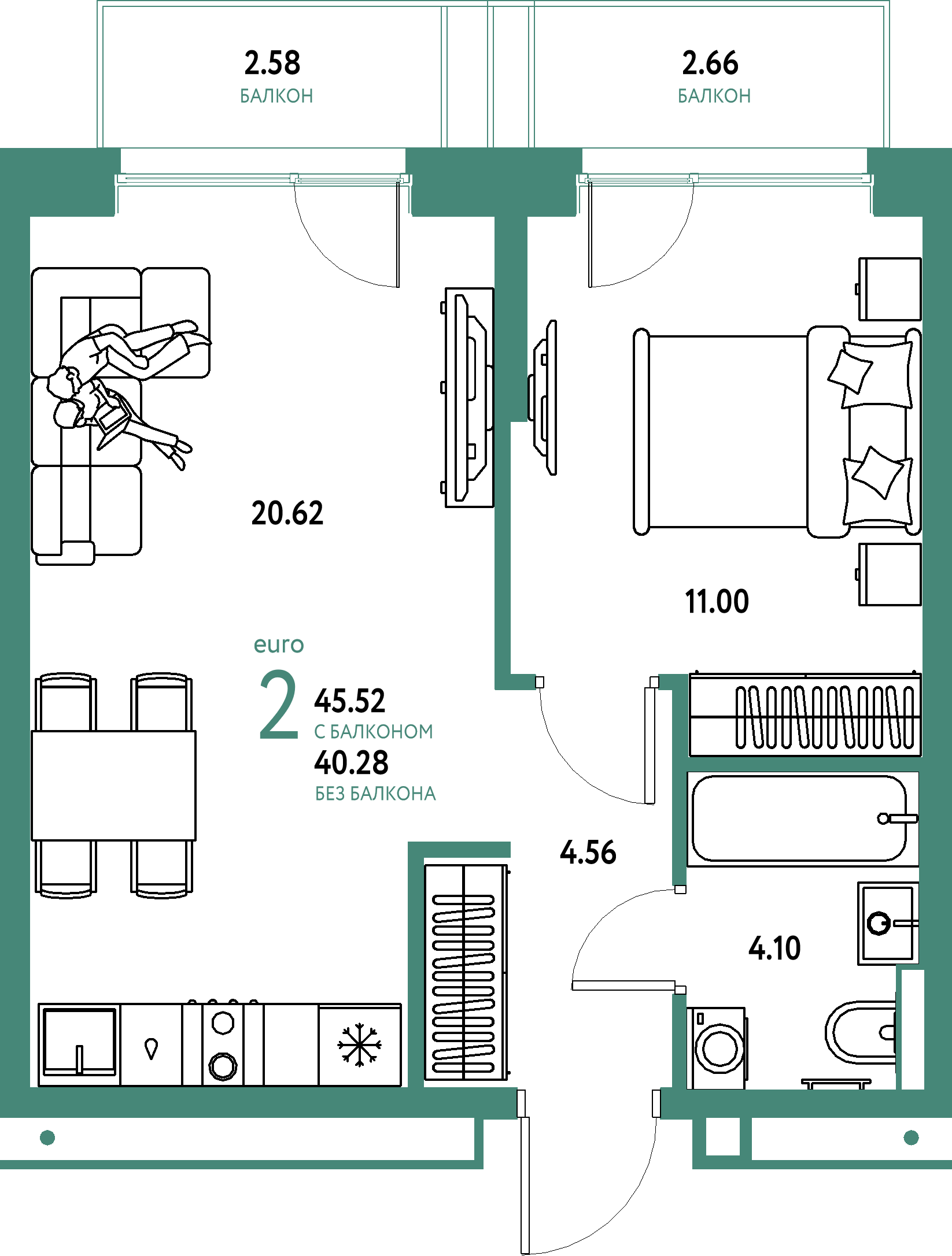 Планировка: Евродвушка 45,52 м² в ЖК «Авторский»