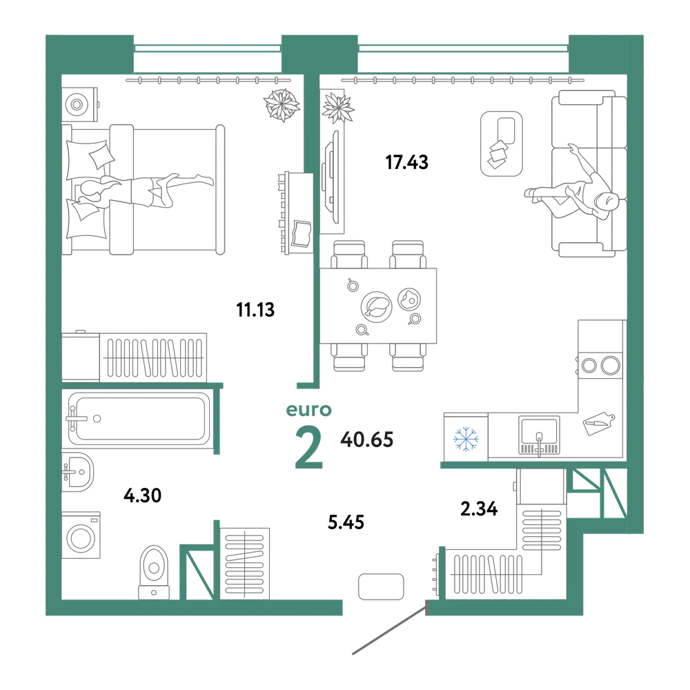 Планировка: Евродвушка 40,65 м²