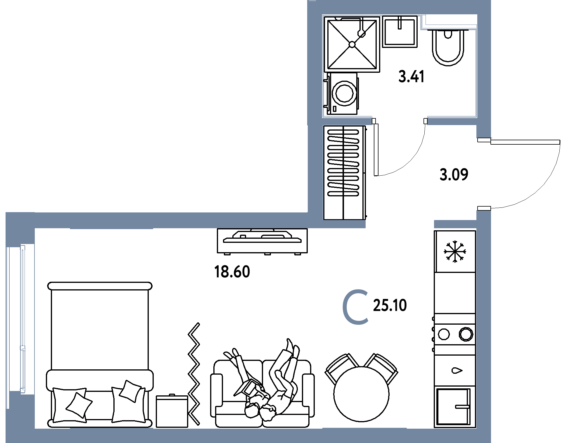 Планировка: Студия 25,1 м² в ЖК «Сердце Сибири»