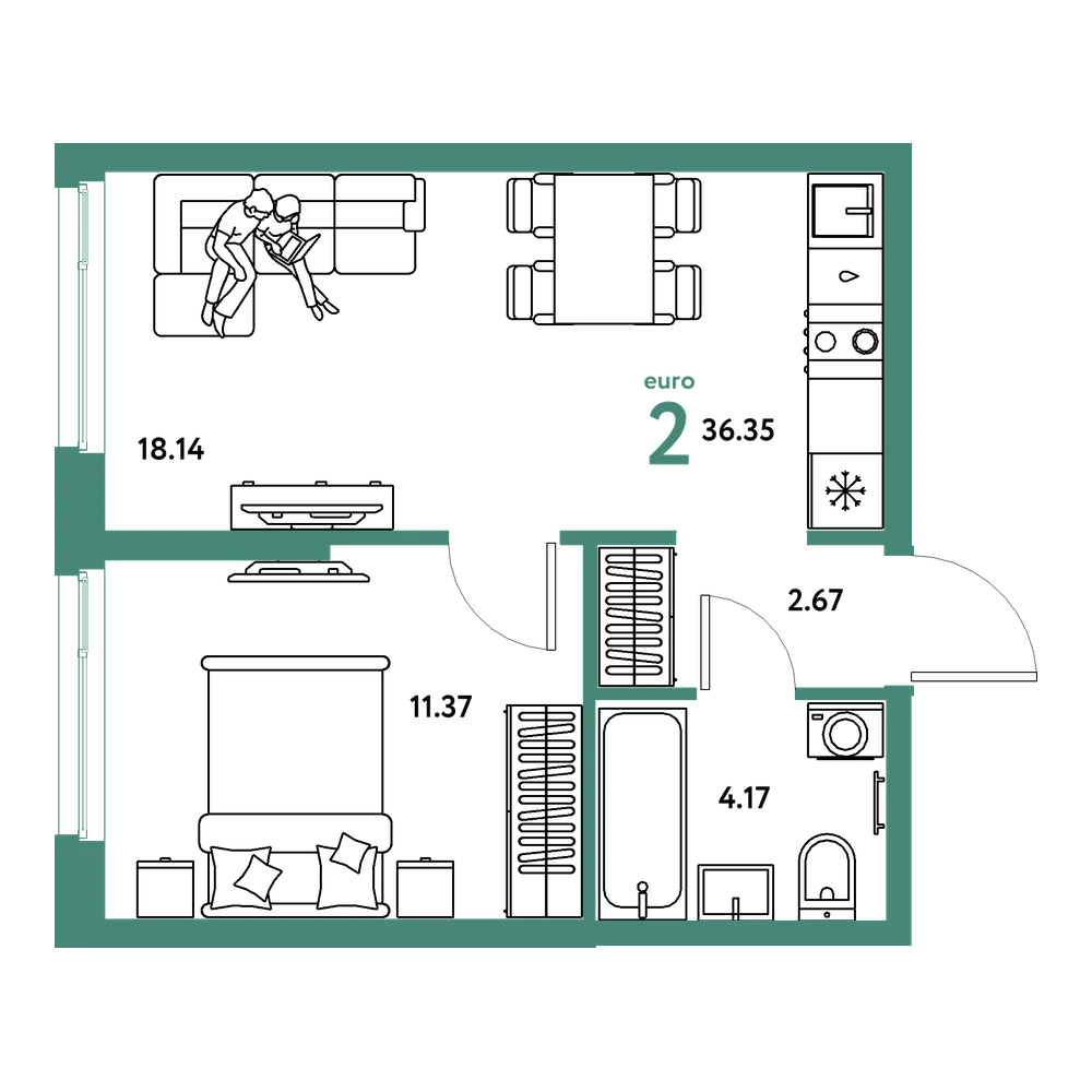 Планировка: Евродвушка 36,35 м²