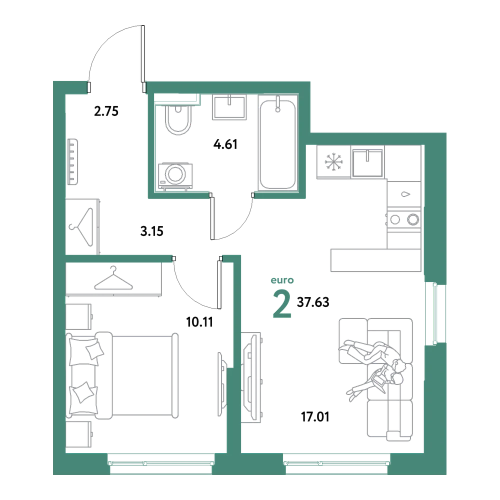 Планировка: Евродвушка 37,63 м²