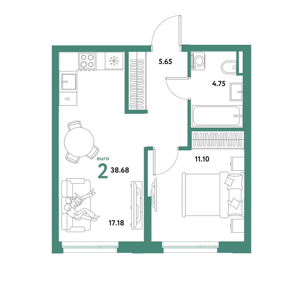 Планировка: Евродвушка 38,68 м²