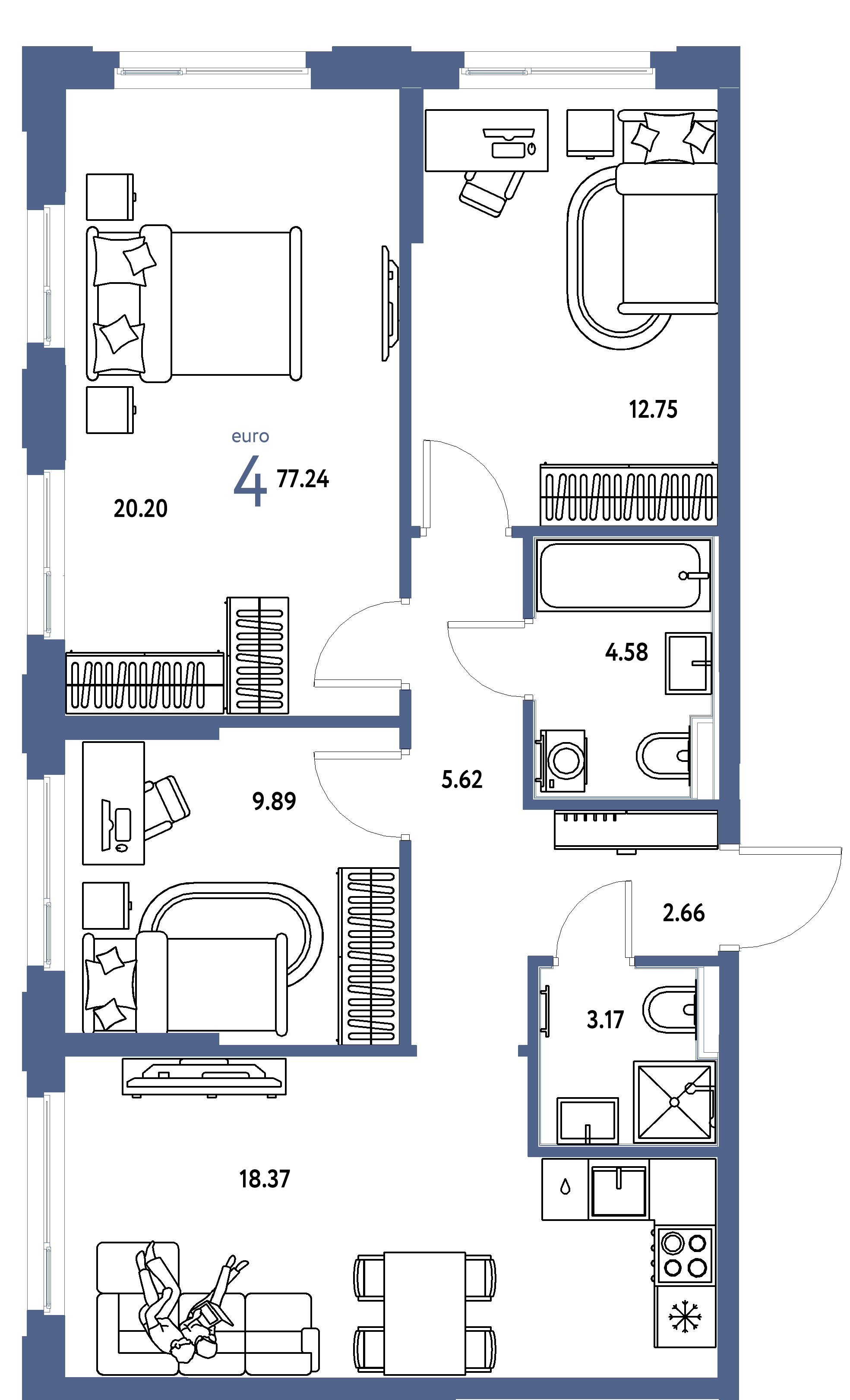 Планировка: Евро-4 77,24 м² в ЖК «Сердце Сибири»