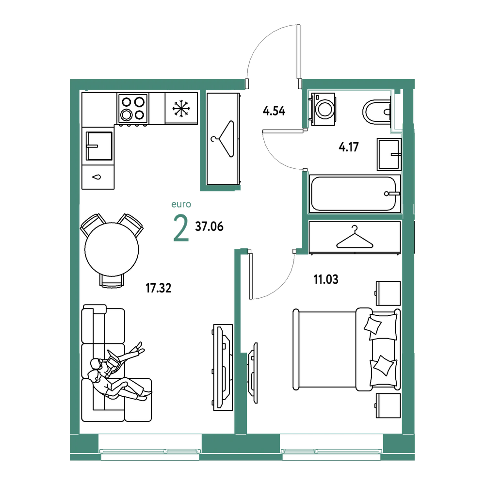Планировка: Евродвушка 37,06 м²