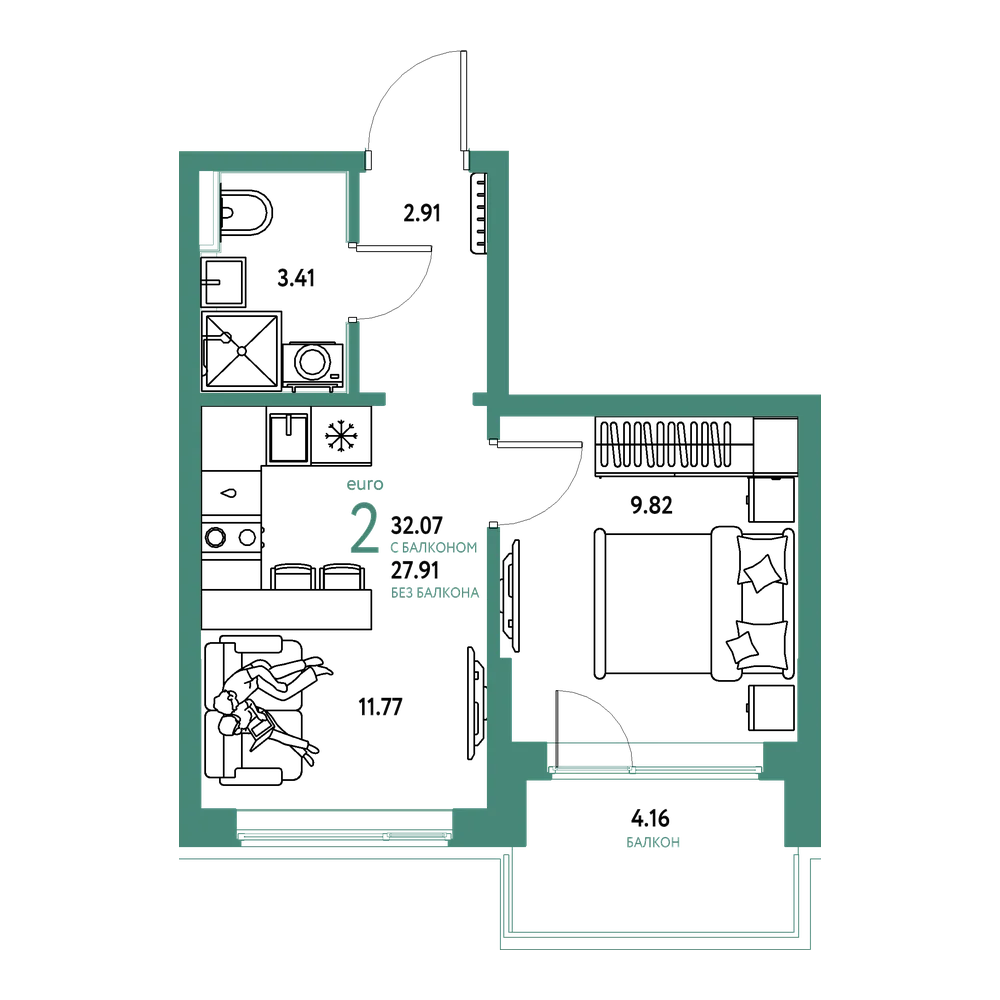 Планировка: Евродвушка 32,06 м²