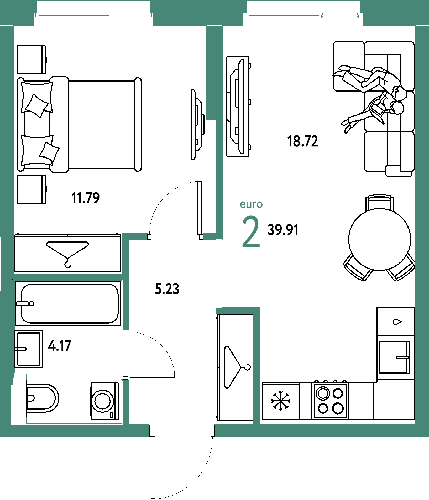 Планировка: Евродвушка 39,91 м² в ЖК «Европейский берег 2.0»
