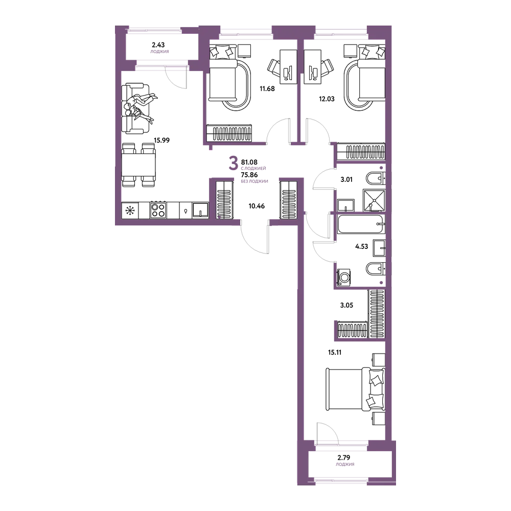Планировка: 3-комнатная 81,08 м²