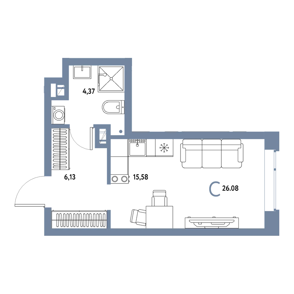 Планировка: Студия 26,08 м²