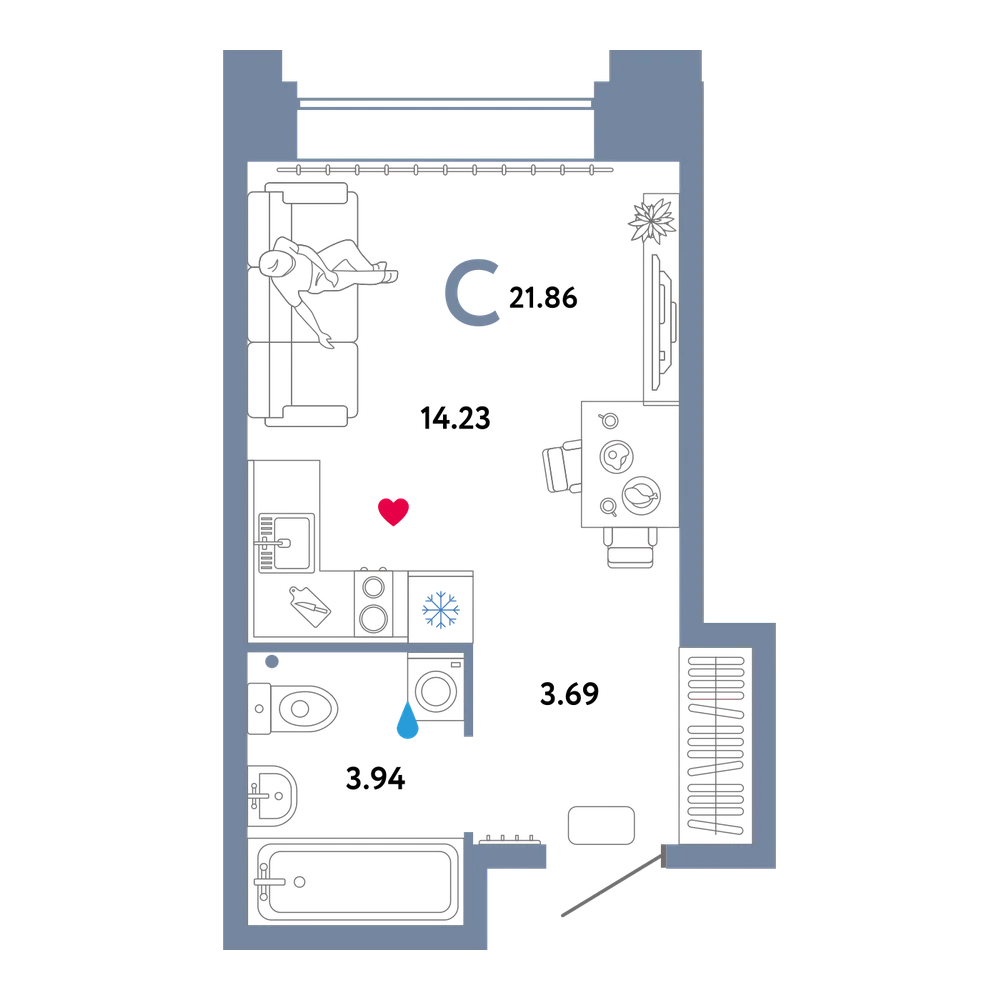 Планировка: Студия 21,57 м²