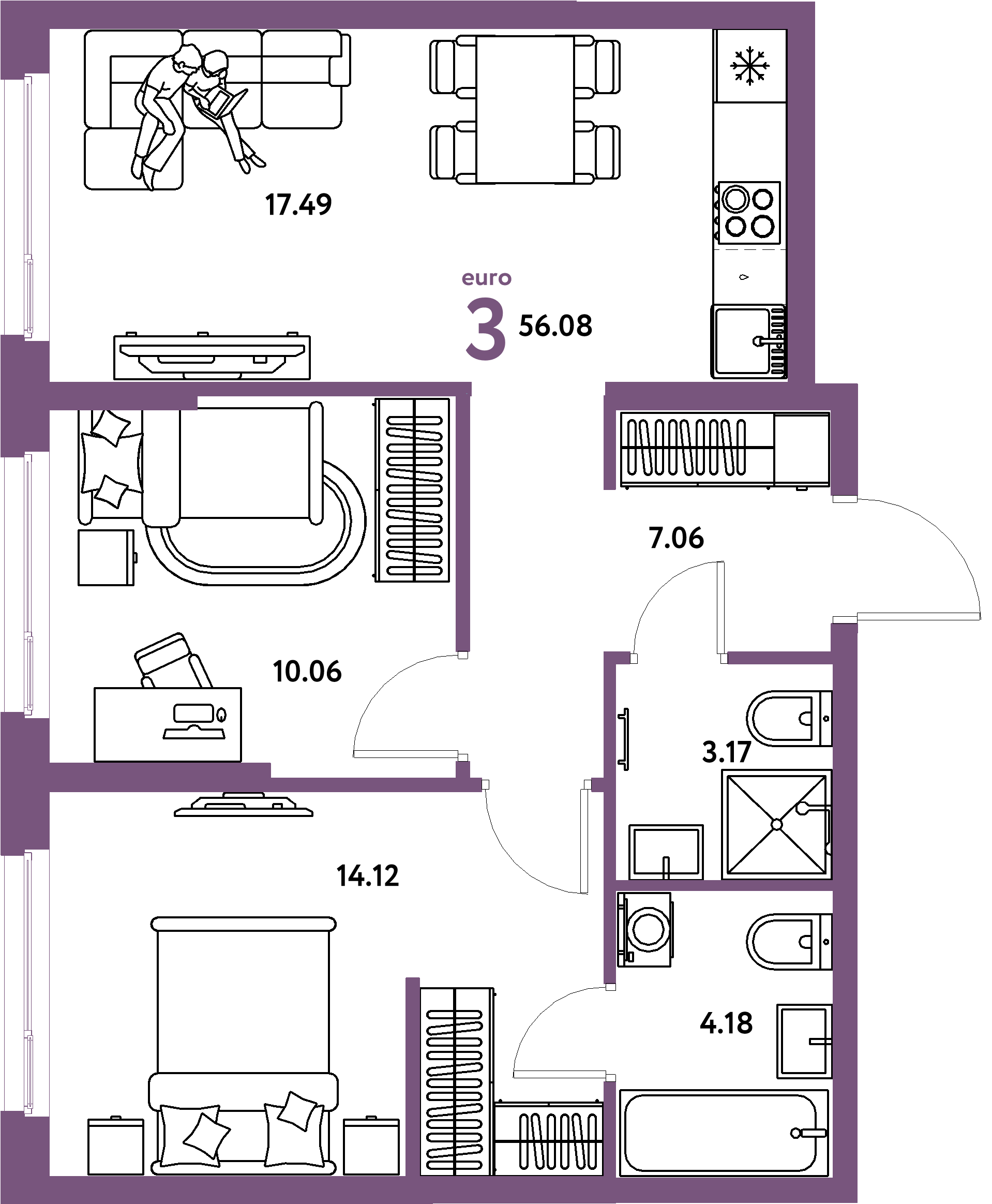Планировка: Евротрёшка 56,08 м² в ЖК «Европейский берег 2.0»