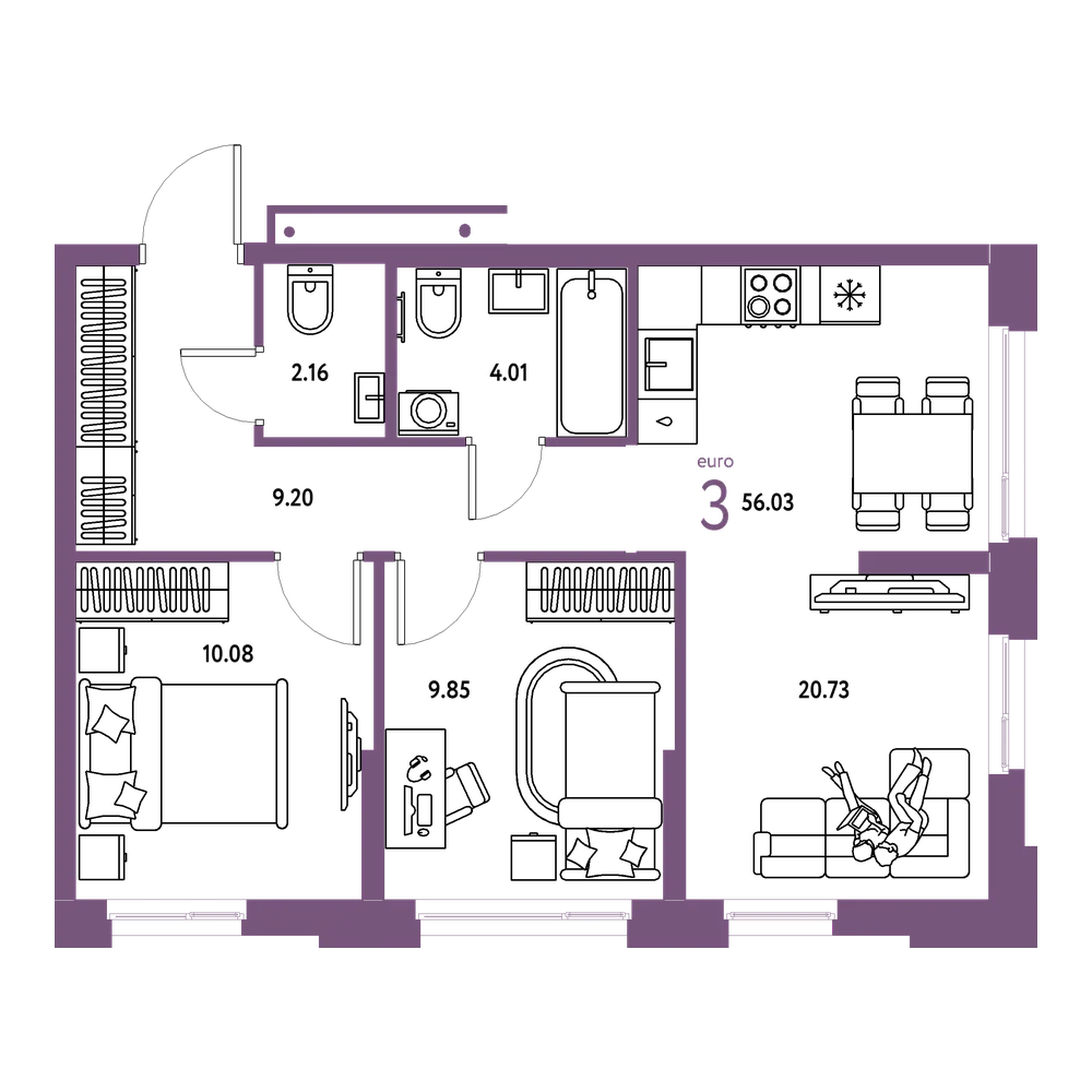 Планировка: Евротрёшка 56,03 м²