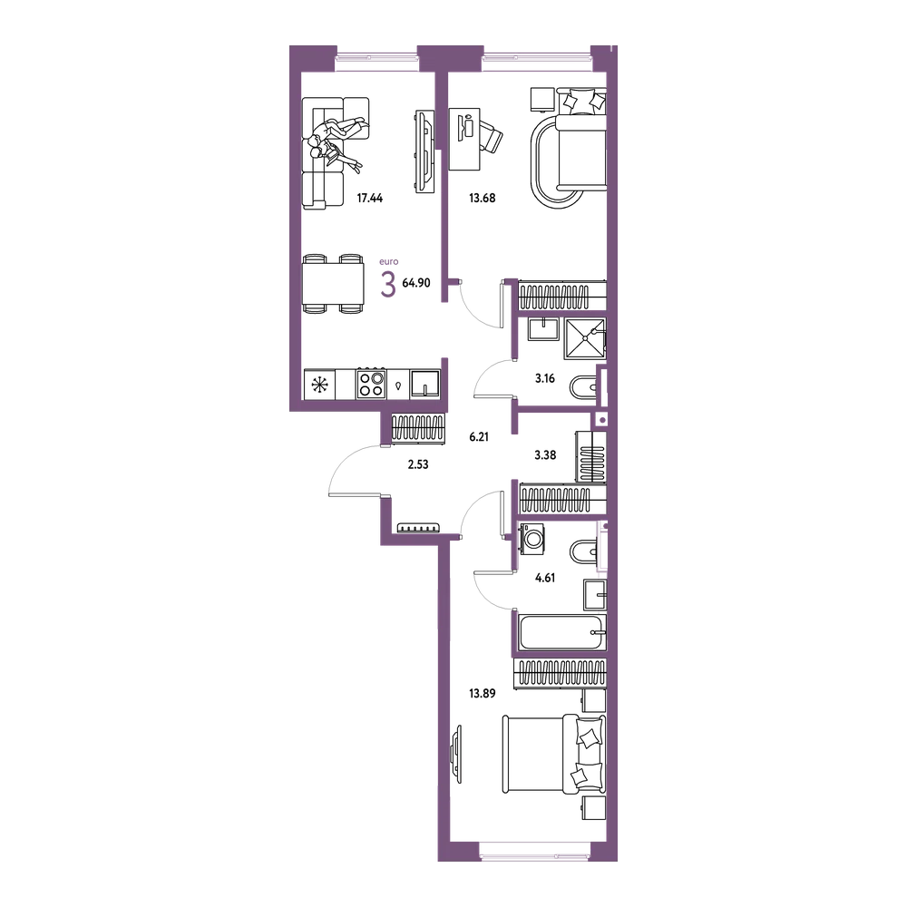 Планировка: Евротрёшка 64,9 м²