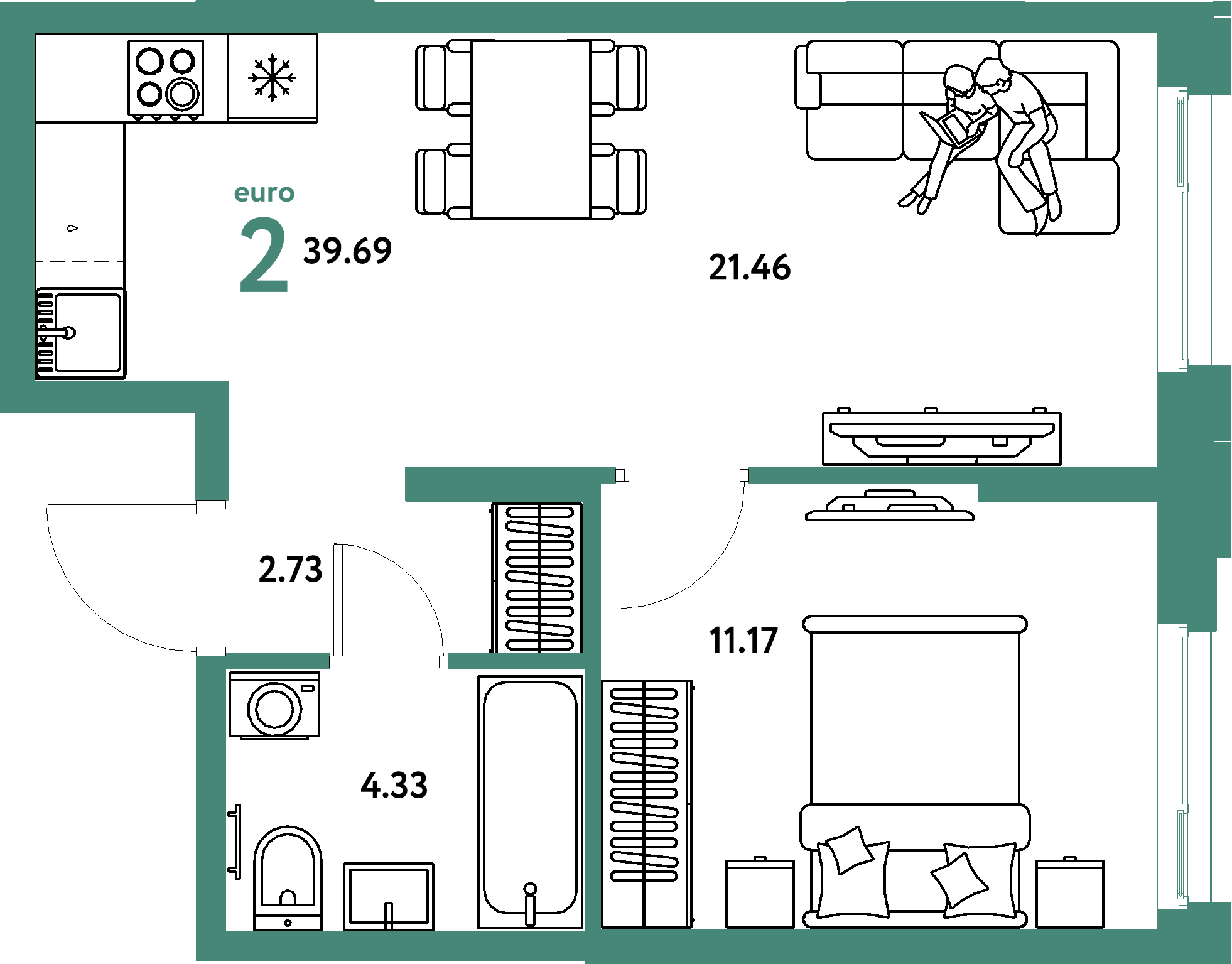 Планировка: Евродвушка 39,69 м² в ЖК «Европейский берег 2.0»