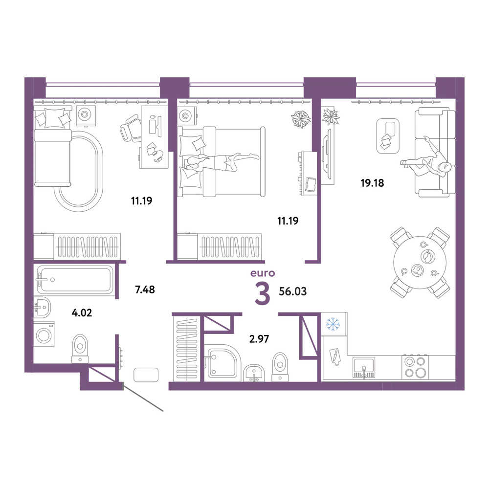 Планировка: Евротрёшка 56,03 м²