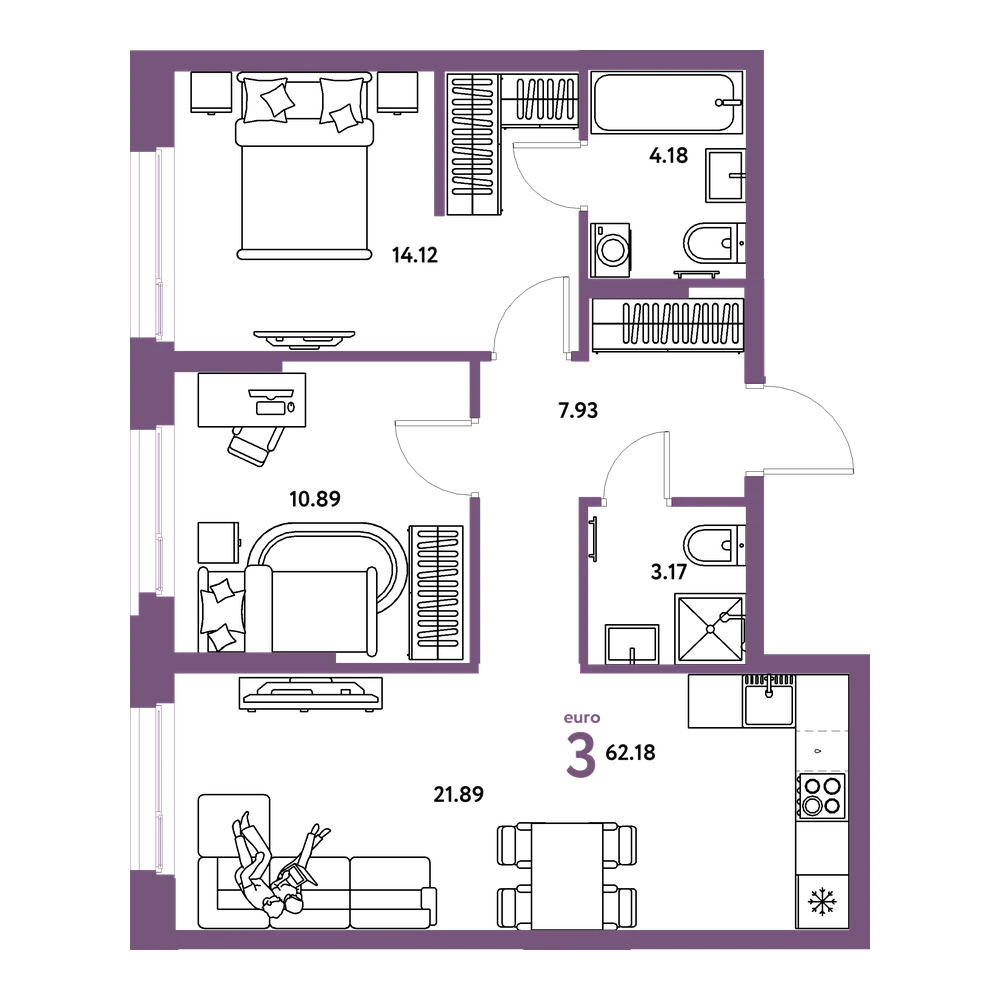 Планировка: Евротрёшка 62,18 м²