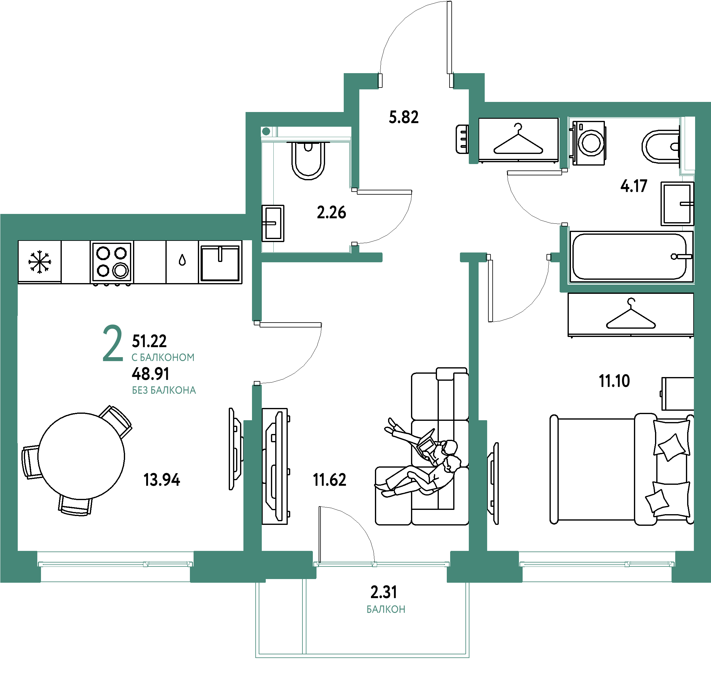 Планировка: 2-комнатная 51,22 м² в ЖК «Страна.Прибрежная»